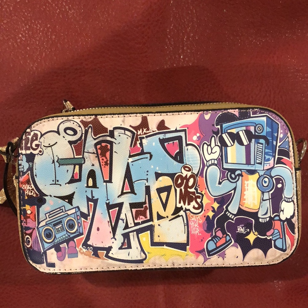 Graffiti Print Crossbody Bag for SALE with Double Top Zipper and Back Pocket